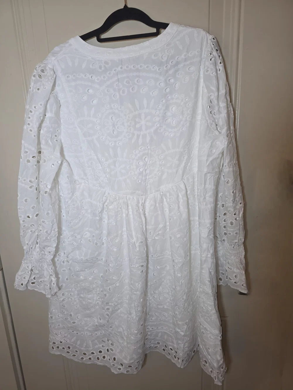 White Eyelet Smocked Mini Dress with Tassel Tie - Picture 3 of 11